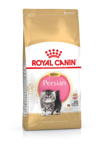 A pet food package of Royal Canin Persian Kitten dry cat food near pakistan with an image of a Persian kitten on the front.